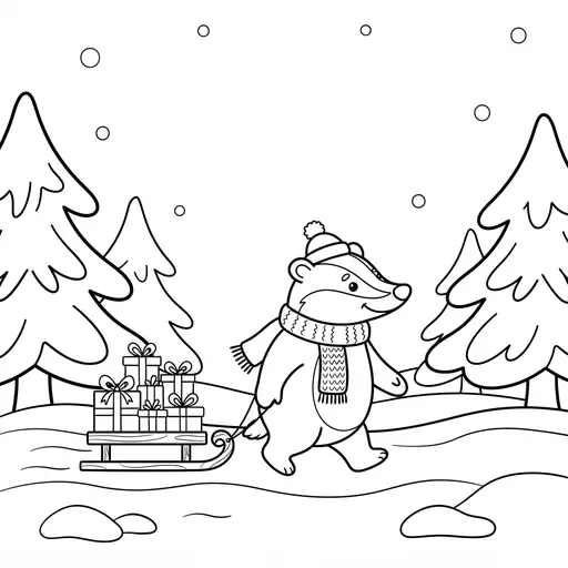 Badger Coloring Page — Delivering Presents Through a Snowy Forest