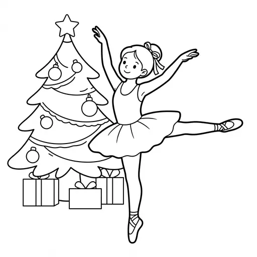 Ballerina Coloring Page — Dancing in Front of a Christmas Tree