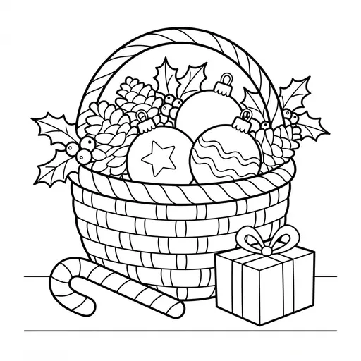 Christmas Basket Coloring Page — Filled with Pine Cones and Ornaments