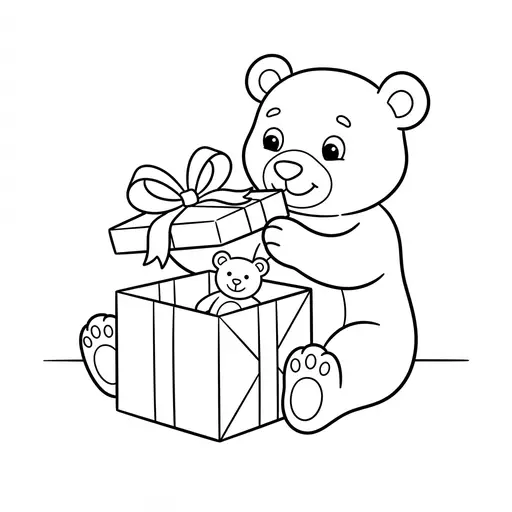 Easy Bear Coloring Page — Opening a Present