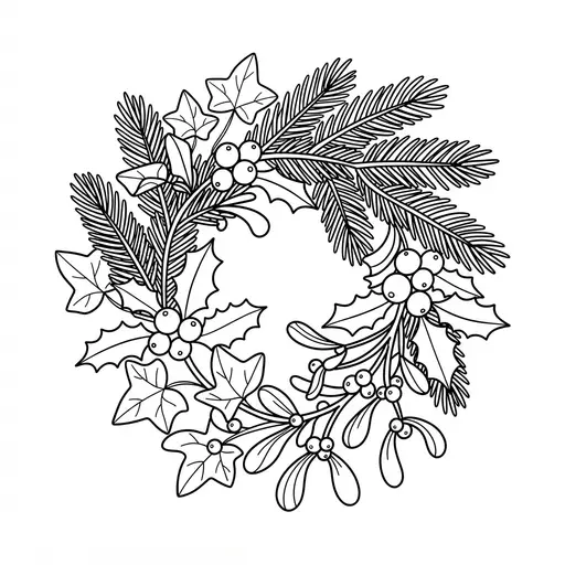 Winter Greenery Coloring Page for Adults — Wreath with Holly and Pine