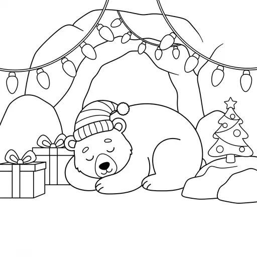 Bear Coloring Page — Asleep in a Decorated Cave