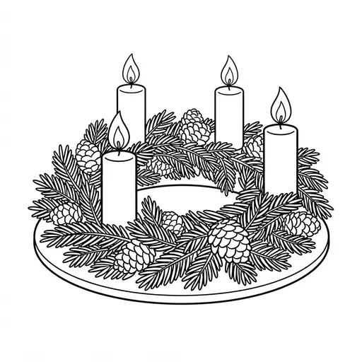 Advent Wreath Coloring Page for Adults — With Four Lit Candles And Pinecones