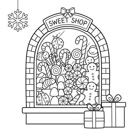 Candy Shop Coloring Page — Window Filled With Sweets And Gifts