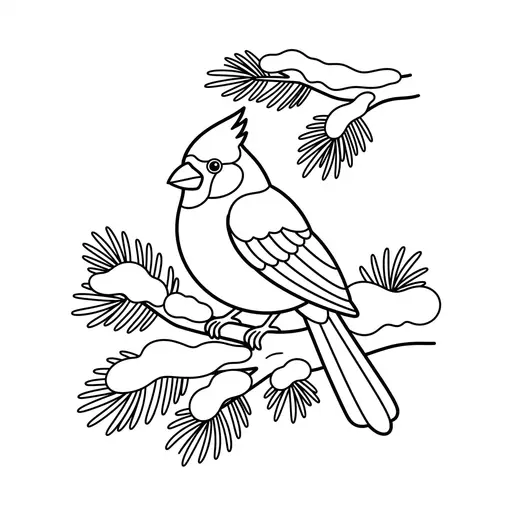 Cardinal Coloring Page — Perched On A Snowy Pine Branch
