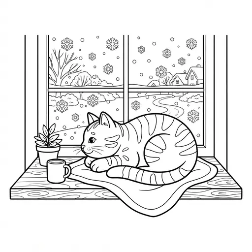 Cat Coloring Page for Adults — Curled On A Windowsill Watching Snow