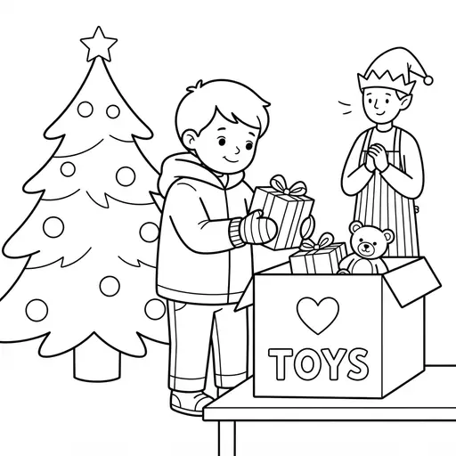 Toy Drive Coloring Page — Donating Gifts By Tree