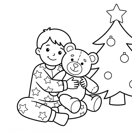 Easy Teddy Bear Coloring Page — Hugging By Christmas Tree