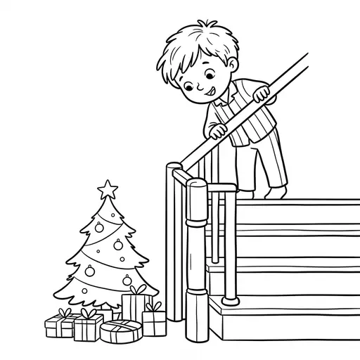 Santa Coloring Page — Peeking Down Stairs at Gifts