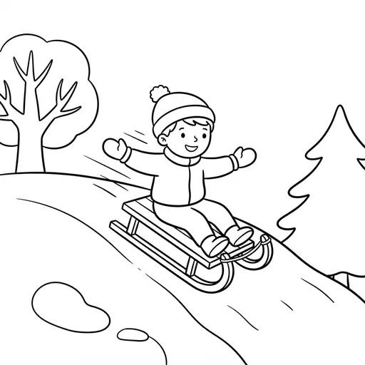 Easy Sled Coloring Page — Riding Down a Snowy Hill