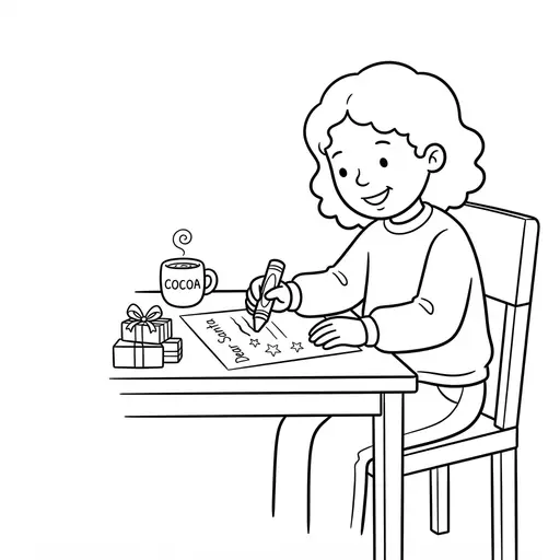 Easy Santa Letter Coloring Page — Writing at a Table with Gifts