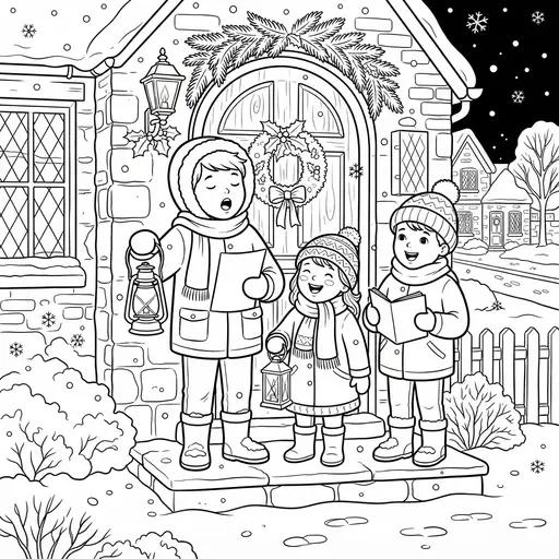 Caroler Coloring Page for Adults — Singing with Lanterns in the Snow
