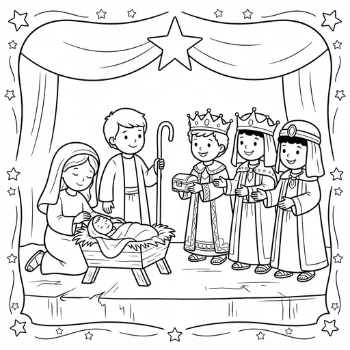 Nativity Play Coloring Page — Standing Around the Manger