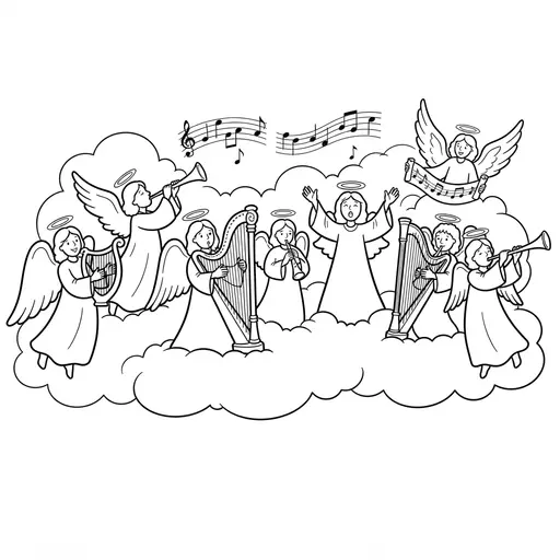 Angel Coloring Page for Adults — Playing Instruments Among Clouds