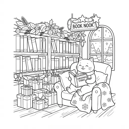 Cat Coloring Page for Adults — Reading a Book in a Bookshop