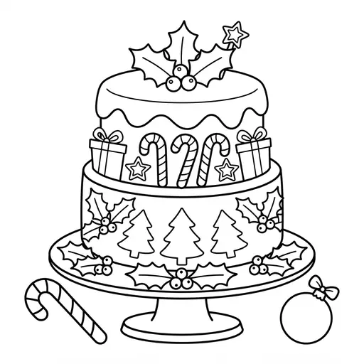 Christmas Cake Coloring Page — With Frosting and Holiday Decorations
