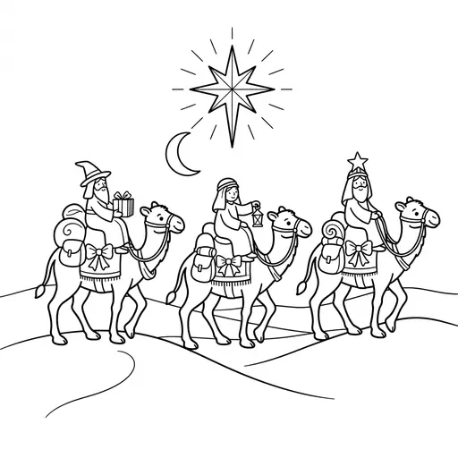 Wise Men Coloring Page — Riding Camels Under a Big Star