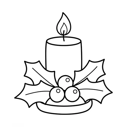 Easy Christmas Candle Coloring Page — Surrounded by Holly Leaves