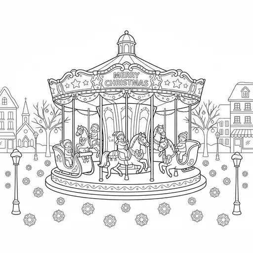 Carousel Coloring Page for Adults — Decorated Horses in a Snowy Square