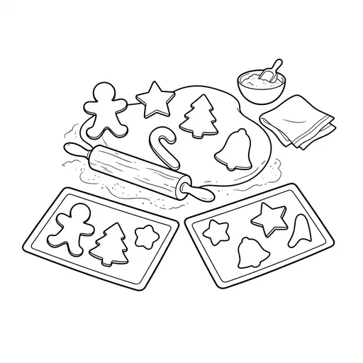Cookie Coloring Page for Adults — Baking Scene with Rolling Pin and Cutters