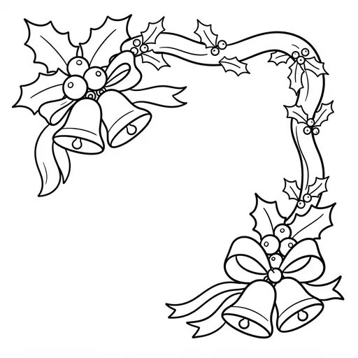 Holly Coloring Page — Corner Frame Border with Bells and Ribbons