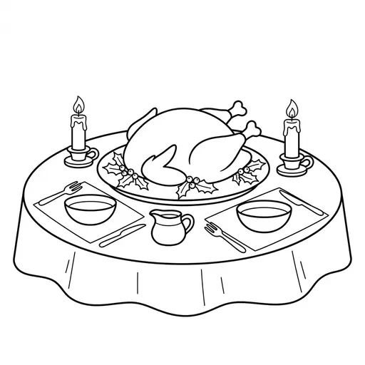Roast Turkey Coloring Page — Dinner Table with Candles