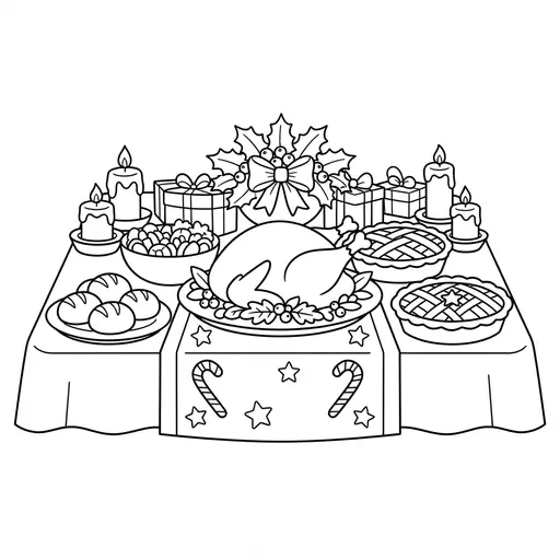 Feast Coloring Page for Adults — Spread with Roast and Pies