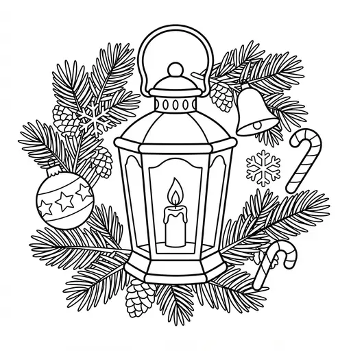 Christmas Lantern Coloring Page for Adults — Surrounded by Pine Branches and Ornaments