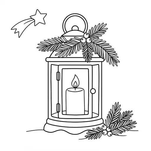 Christmas Lantern Coloring Page — With a Candle and Pine Branches
