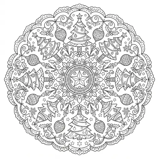 Christmas Mandala Coloring Page for Adults — Featuring Trees and Hanging Ornaments
