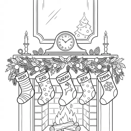 Stocking Coloring Page for Adults — Hanging on a Stone Mantelpiece