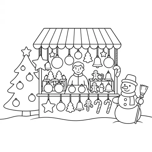 Market Stall Coloring Page — Selling Holiday Ornaments
