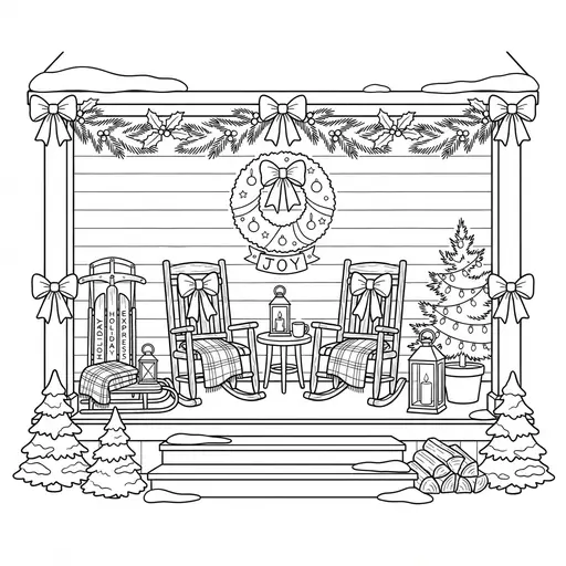 Christmas Porch Coloring Page for Adults — Rocking Chairs and Sled