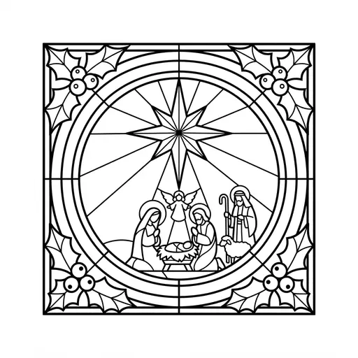 Nativity Coloring Page for Adults — Stained Glass Window with Star