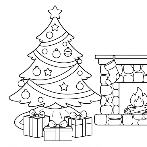 Christmas Tree Coloring Page — Beside Stone Fireplace and Presents
