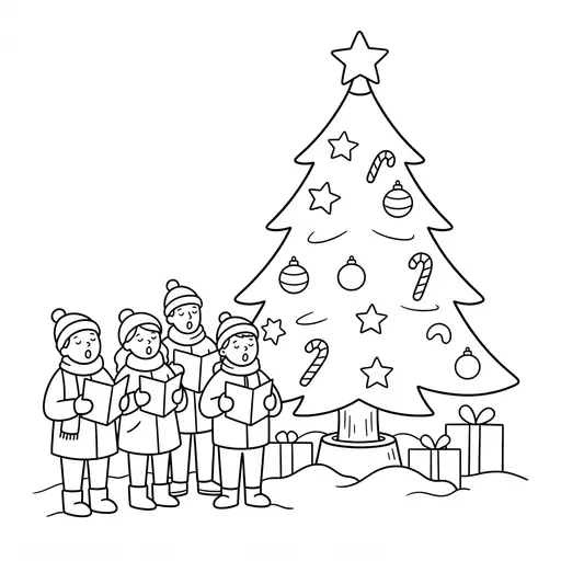 Christmas Tree Coloring Page — With Carolers and Presents