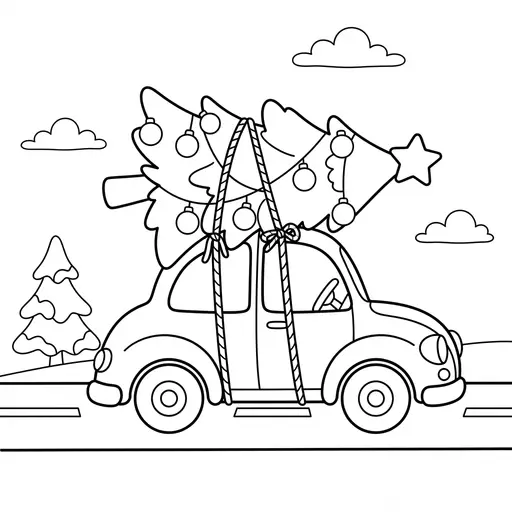 Easy Christmas Tree Coloring Page — Tied to Top of a Car