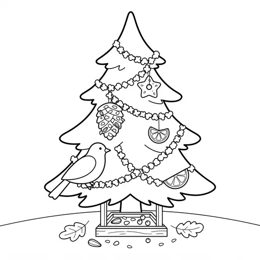 Christmas Tree Coloring Page — Outdoors Decorated with Popcorn for Birds
