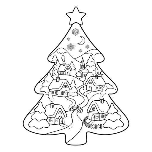 Christmas Tree Coloring Page for Adults — Filled with a Snowy Mountain Village
