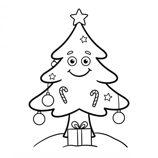 Easy Christmas Tree Coloring Page — With a Smiling Face and Presents