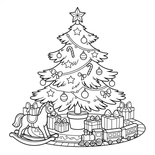 Christmas Tree Coloring Page for Adults — Surrounded by Presents and Toys