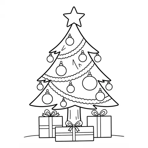 Easy Christmas Tree Coloring Page — With Round Ornaments and Presents