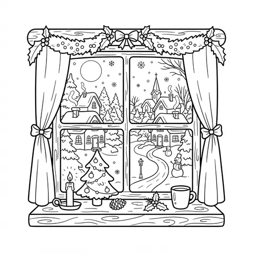 Winter Village Coloring Page for Adults — Seen Through a Window