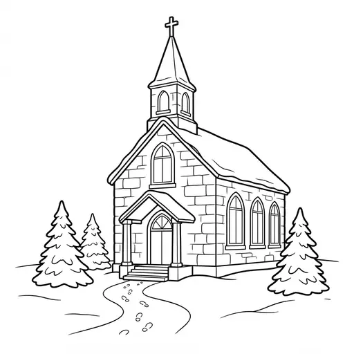 Church Coloring Page — With A Steeple In The Snow