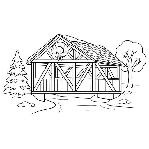 Covered Bridge Coloring Page — Decorated With a Wreath in Snow