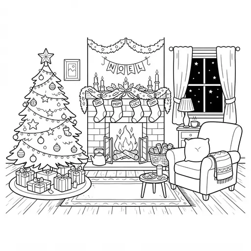 Living Room Coloring Page for Adults — With Fireplace and Christmas Tree