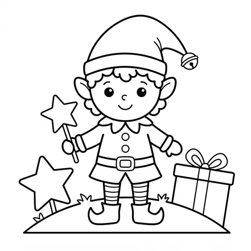 Easy Elf Coloring Page — Holding a Star Wand