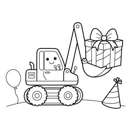 Easy Excavator Coloring Page — Lifting a Giant Present