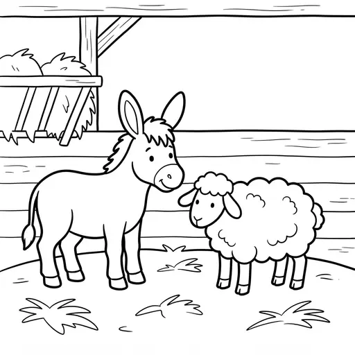 Easy Donkey Coloring Page — Standing With a Sheep in the Stable