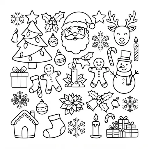 Christmas Icon Coloring Page for Adults — Doodle Pattern with Festive Symbols
